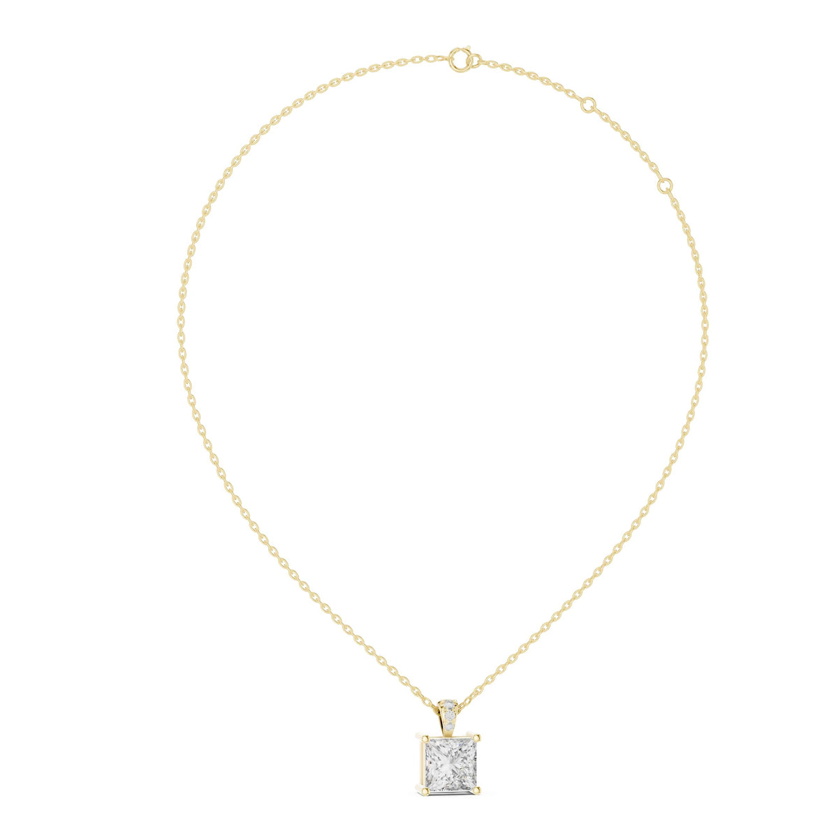 Front view of a stunning 1.50Ct princess cut lab grown diamond pendant in 14k gold, showcasing sharp geometric lines and a secure prong setting. Custom options available in 10k/14k gold, 925 silver, or platinum with moissanite or lab grown diamond variations for sizing.