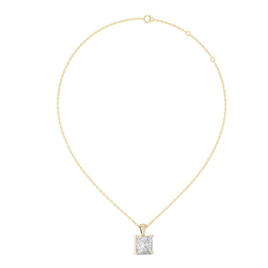 Front view of a stunning 1.50Ct princess cut lab grown diamond pendant in 14k gold, showcasing sharp geometric lines and a secure prong setting. Custom options available in 10k/14k gold, 925 silver, or platinum with moissanite or lab grown diamond variations for sizing.