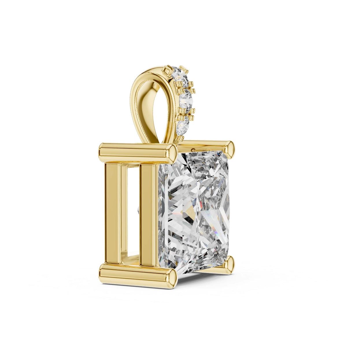 Angled shot displaying exceptional D color and VVS clarity sparkle with a brilliant moissanite stone set in 925 sterling silver. Fully customizable in 10k/14k gold, 925 silver, or platinum with 1ct to 2ct lab grown diamond or moissanite stones.
