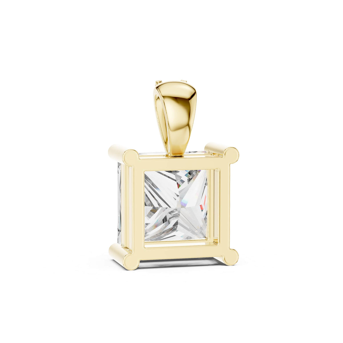 Top close-up emphasizing flawless symmetry, precision princess facets, D color, VVS clarity, and a durable platinum finish. Available in custom 10k/14k gold, 925 silver, or platinum with 1ct to 2ct moissanite or lab grown diamond options.