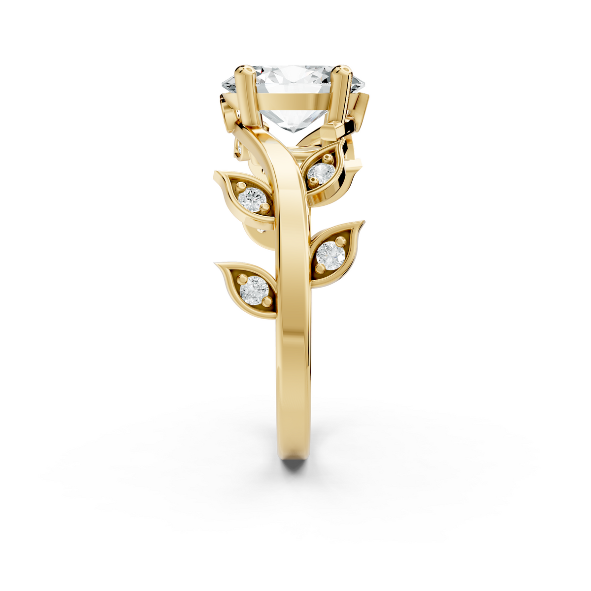Side profile showcasing cathedral setting height, a 1.98mm vine band, leaf accent gallery, and solid 10k gold construction. Perfect for a wedding band setup or promise ring, available in 10k/14k gold, 925 silver, platinum with 1ct to 2ct moissanite or lab grown diamond choices.