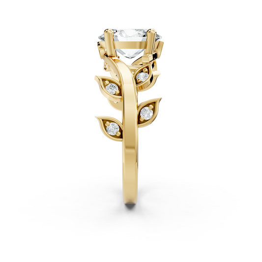 Side profile showcasing cathedral setting height, a 1.98mm vine band, leaf accent gallery, and solid 10k gold construction. Perfect for a wedding band setup or promise ring, available in 10k/14k gold, 925 silver, platinum with 1ct to 2ct moissanite or lab grown diamond choices.