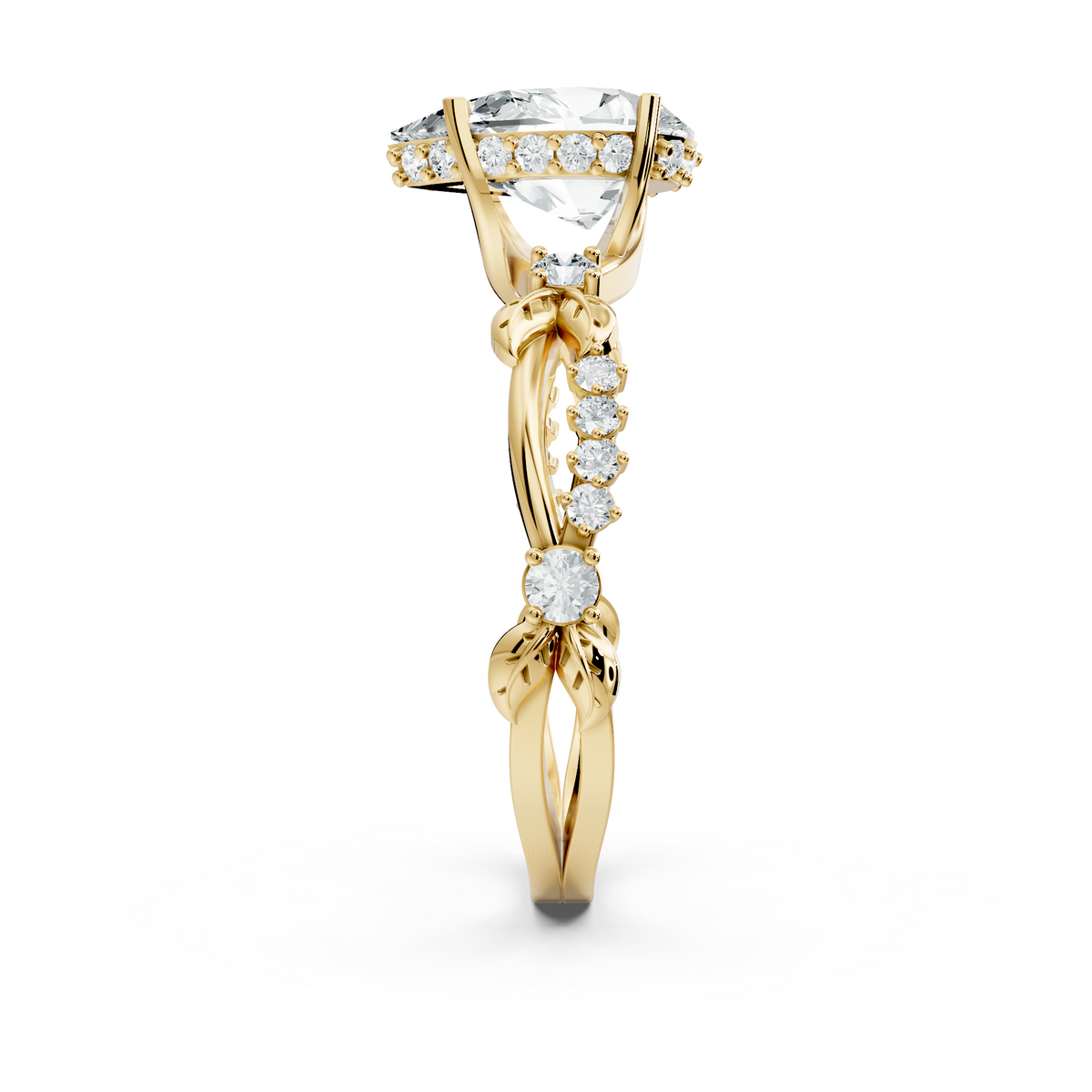 Macro close up view showing leaf motif prong settings and F color VS clarity pear lab grown diamond in platinum. Ideal for a luxury bridal ring or statement piece, available with customization in platinum, 10k/14k gold, or silver with 1ct to 2ct lab diamond or moissanite.