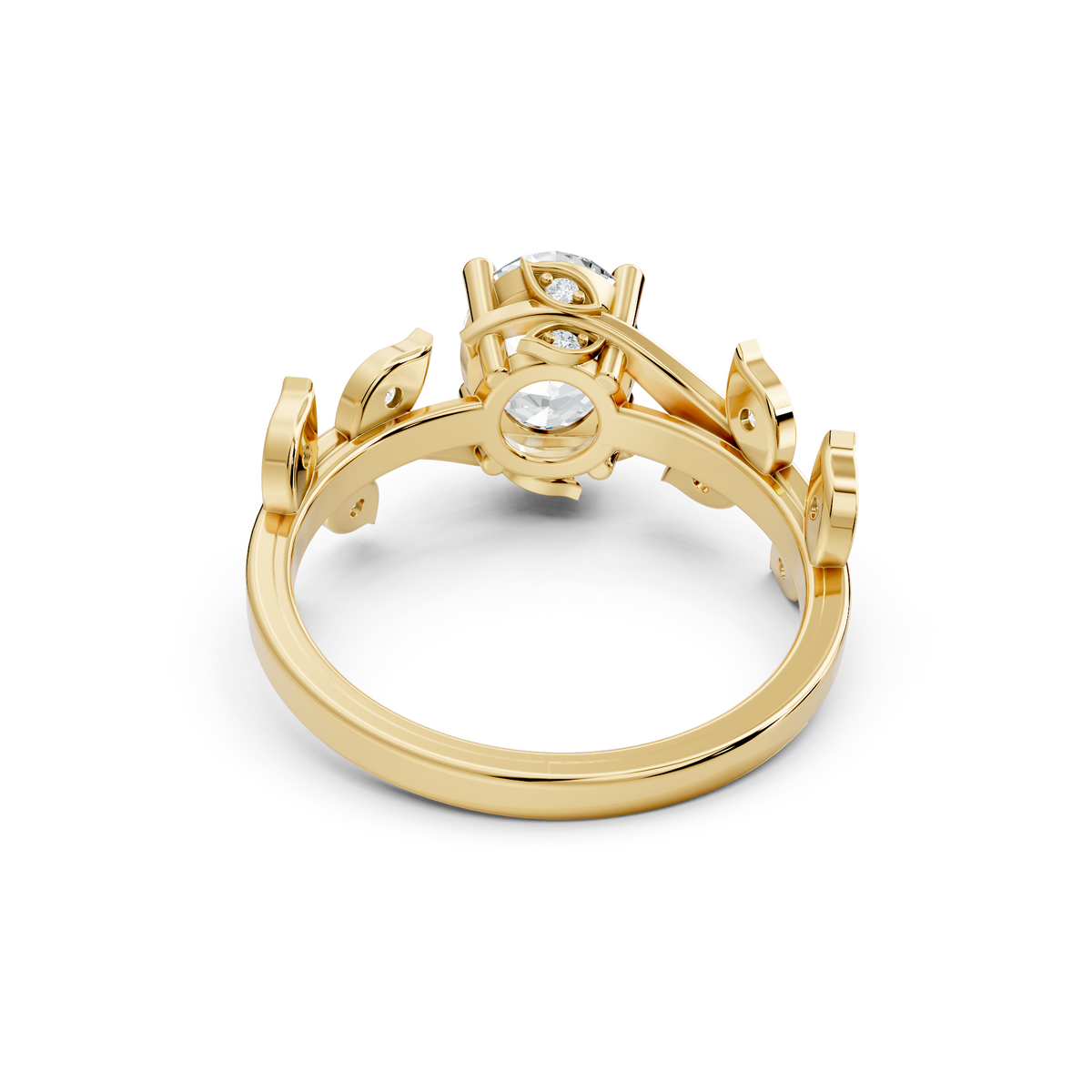 Angled view revealing D color VVS1 clarity sparkle from an oval moissanite mounted on a 925 sterling silver bypass shank with leaf accents. Designed for bridal jewelry, customized in 10k/14k gold, 925 silver, platinum, with 1ct to 2ct lab grown diamond or moissanite sizes.