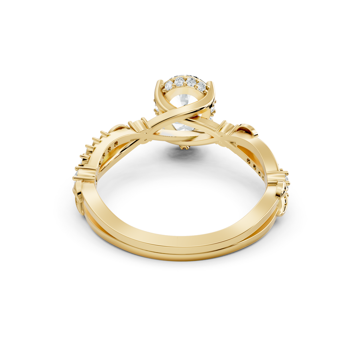 Side profile view showing a 1.81mm wide entwined leaf band and hidden halo basket setting in 10k solid yellow gold. Designed as a comfortable wedding band or promise ring, this custom design is available in 10k/14k gold, 925 sterling silver, or platinum with 1ct, 1.5ct, or 2ct moissanite or lab diamond options.