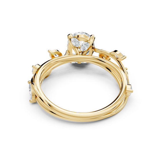 Side profile showing ~1.8mm organic twig band width and basket setting height in solid 10k solid gold. Ideal engagement ring, promise ring, gold band. Custom choices in 10k/14k gold, 925 silver, platinum with 1ct to 2ct moissanite or lab grown diamond.