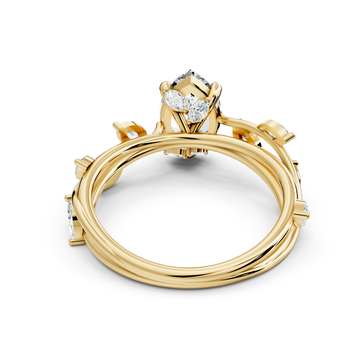Side profile view highlighting a 2mm tapered branch band with a cathedral setting holding an elongated marquise center stone and leaf side accents in 10k solid gold. Perfect anniversary gift or promise ring showcasing handcrafted organic details. Customizable in 10k/14k gold, 925 silver, or platinum with 1ct to 2ct moissanite or lab grown diamond.