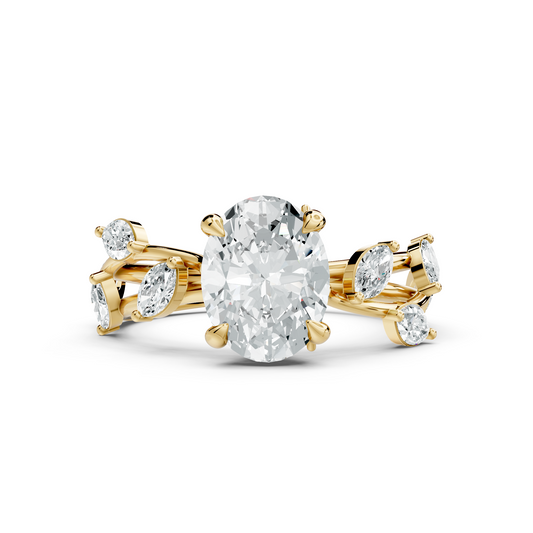 Front view of an elongated oval lab grown diamond set in 14k solid gold 4-claw prongs with leaf and vine side accents. High-volume engagement ring, anniversary gift, wedding band. Custom choices in 10k/14k gold, 925 silver, platinum with 1ct to 2ct moissanite or lab grown diamond.
