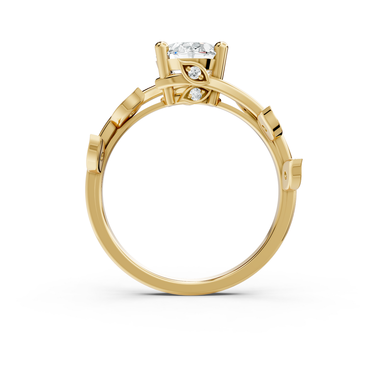 Close-up top view displaying stone symmetry, oval facets, and claw prongs set in platinum tone detail. An ideal high-end engagement ring, personalized in 10k/14k gold, 925 silver, or platinum featuring 1ct to 2ct moissanite or lab grown diamond customized stones.