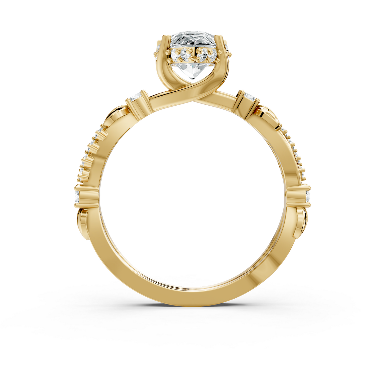 Angled studio render showcasing intense brilliance and D color VVS1 clarity of a pear cut moissanite leaf ring in 925 sterling silver. An affordable engagement ring or travel safe ring, customizable in 925 silver, 10k/14k gold, or platinum with 1.00ct to 2.00ct moissanite or lab diamond.