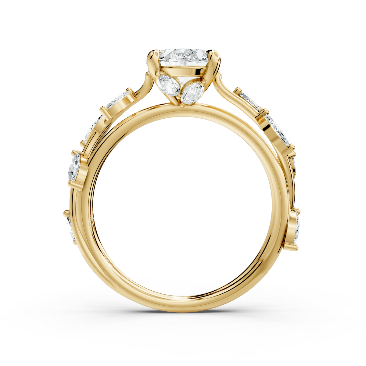 Angled render displaying D Color VVS1 moissanite fire and marquise leaf facet brilliance on 925 sterling silver band. Perfect anniversary gift, bridal jewelry, unique ring. Custom choices in 10k/14k gold, 925 silver, platinum with 1ct to 2ct moissanite or lab grown diamond.