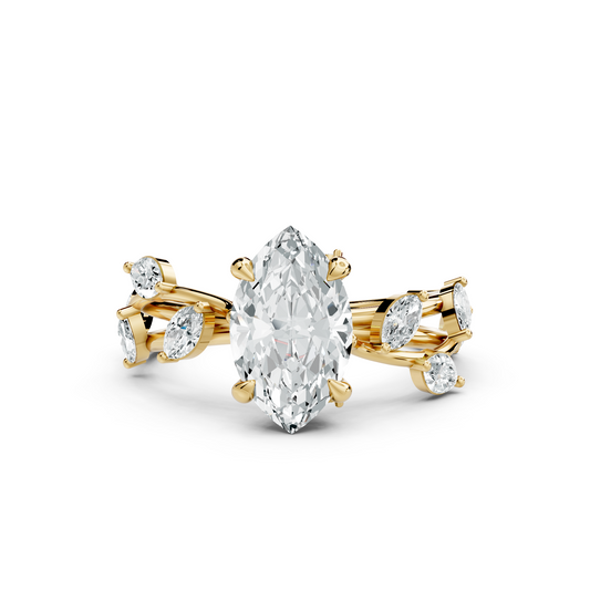 Front perspective of a nature engagement ring featuring a high clarity D VVS1 marquise cut moissanite in a six claw setting set on a botanical leaf vine shank in 14k gold. A romantic wedding ring choice for modern brides seeking bespoke craftsmanship. Custom options: 10k/14k gold, 925 silver, platinum; 1ct to 2ct moissanite, lab grown diamond.