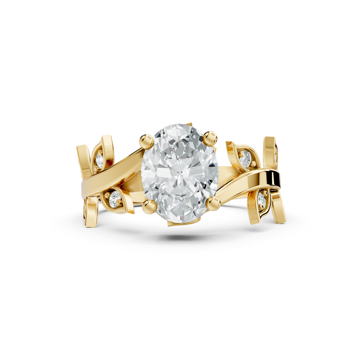 Front angle of an oval cut main stone set in 14k gold with four claw prongs and a leaf accent bypass vine band. Ideal as an engagement ring or anniversary gift, fully customizable in 10k/14k gold, 925 silver, or platinum with stone options from 1ct to 2ct in moissanite or lab grown diamond.