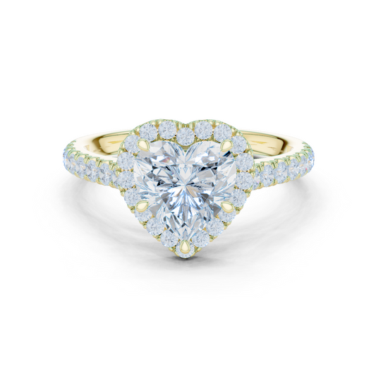 Front direct view of 1.50ct heart cut lab grown diamond secured by three prongs with a V-tip inside a micropave halo on a 14k white gold band. Ideal luxury engagement ring and personalized gift. Made to order in 925 silver, 10k or 14k solid gold, platinum, with custom 1ct to 2ct heart lab diamond or moissanite center stones.