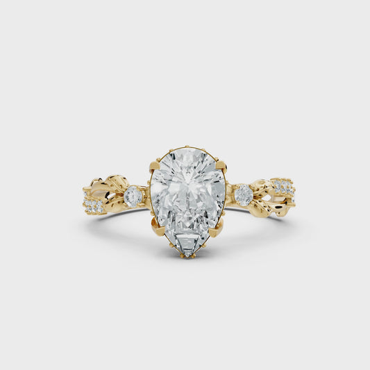 Pear Cut Lab Diamond Ring 18K Yellow Gold Prong Setting Vine Band Custom Botanical Bridal Jewelry Gift Wife